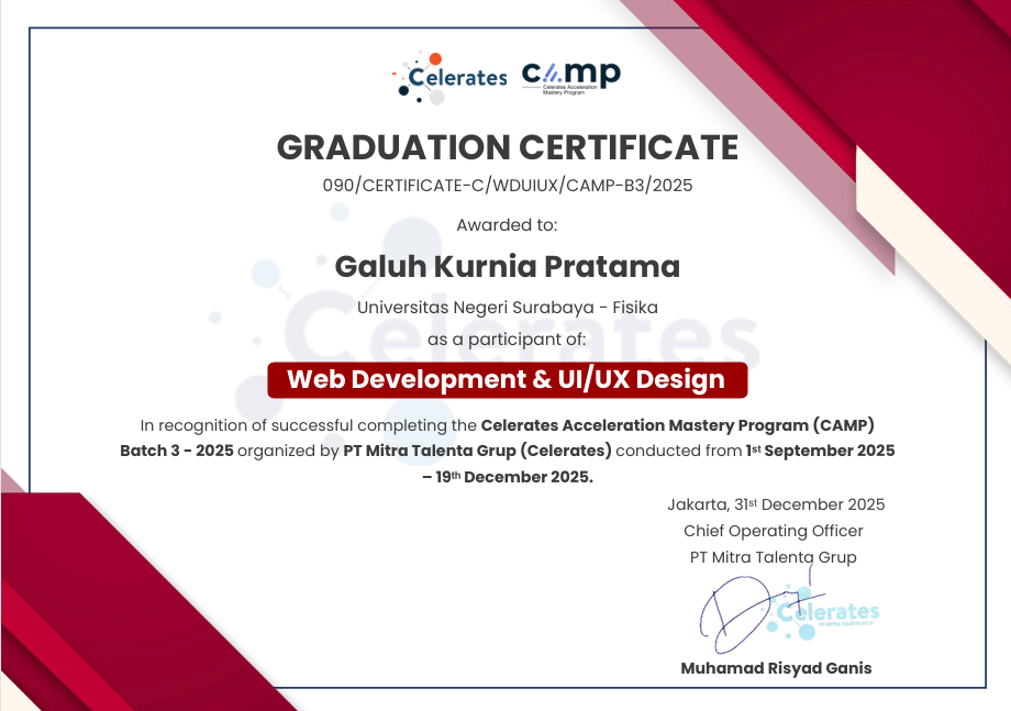 Certificate Awarded to Web Dev & UI/UX Design - Celerates