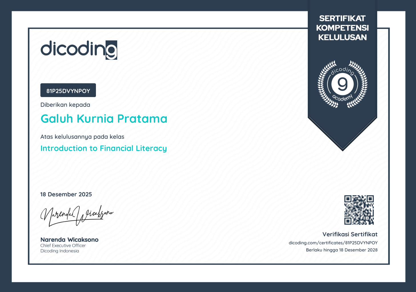Certificate Introduction to Financial Literacy - Dicoding Indonesia