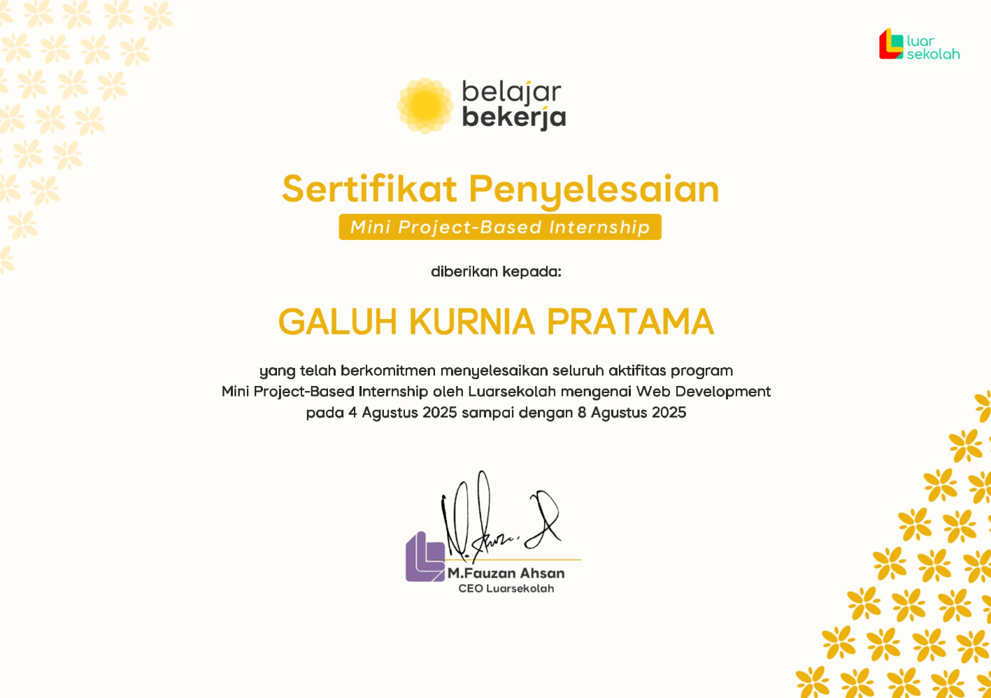 Certificate Mini Project-Based Internship Certificate - Luarsekolah