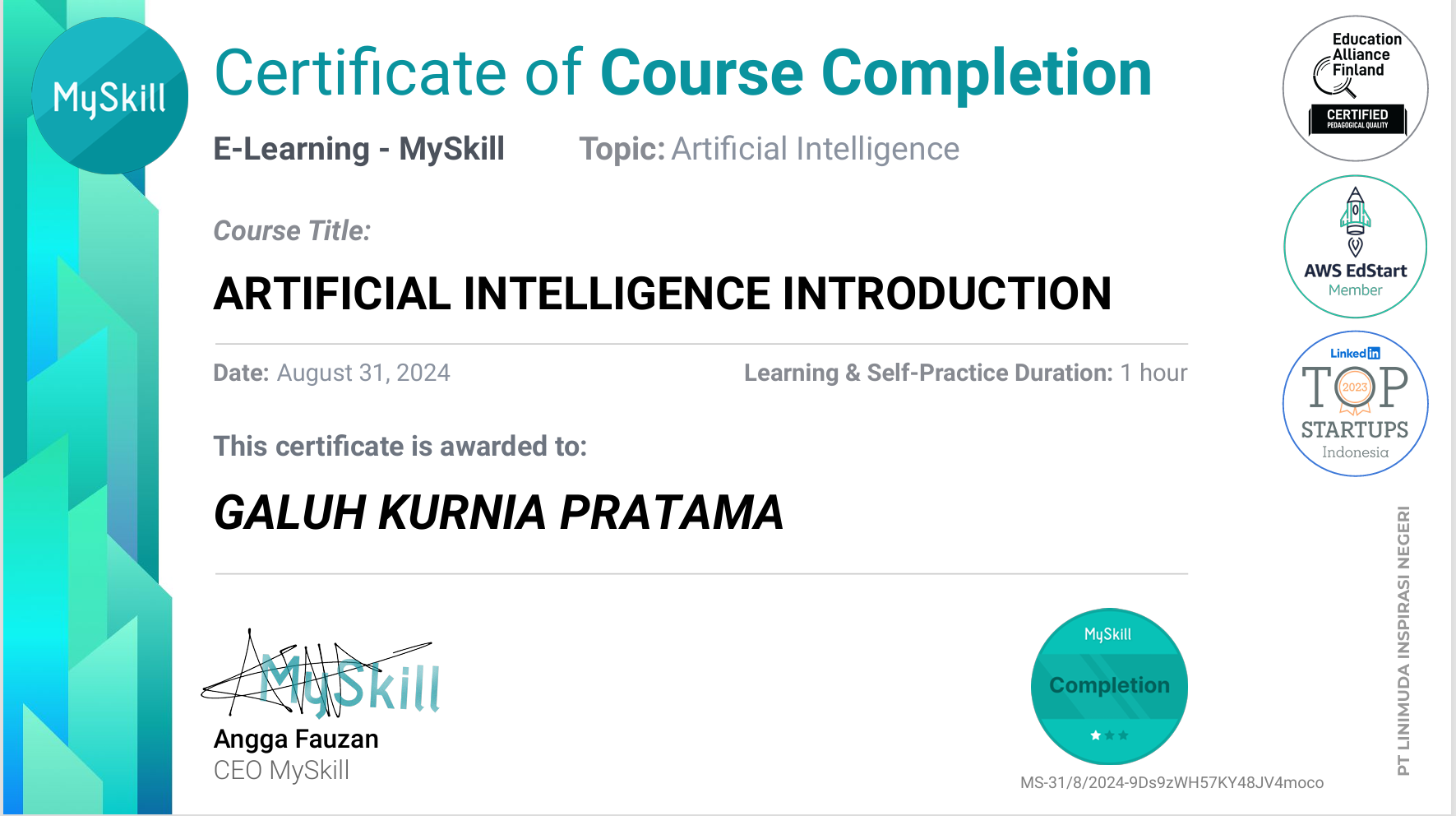 Certificate Certificate of Course Completion - MySkill