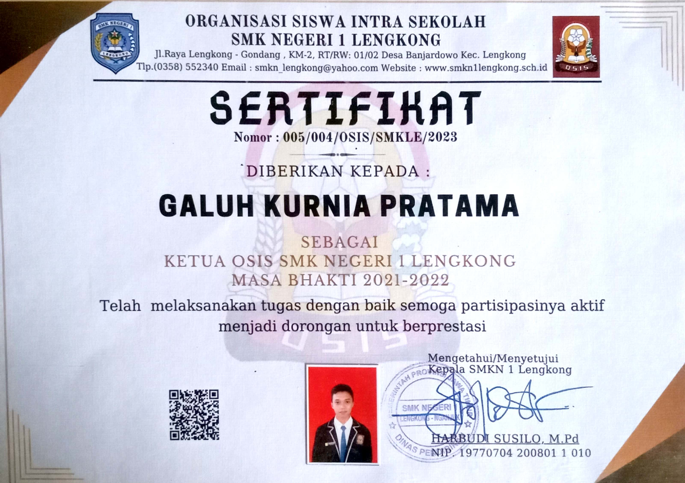 Certificate OSIS President's Certificate - Lengkong 1 State Vocational School