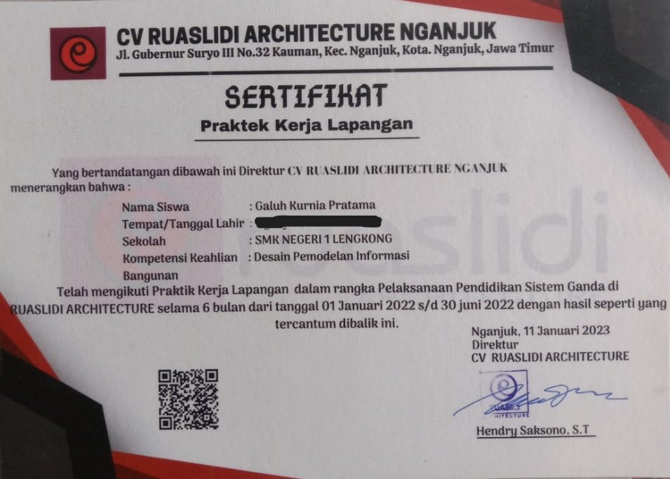 Certificate Internship Certificate - CV RuasLidi Architecture - Nganjuk