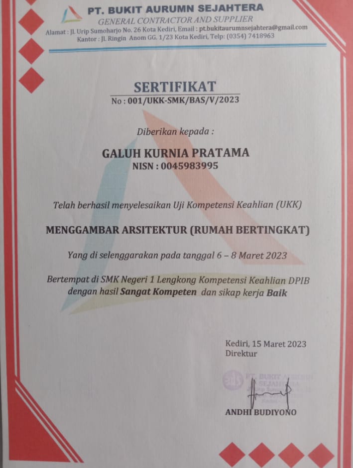 Certificate Architectural Drawing Skills Test Certificate - PT. Bukit Aurumn Sejahtera